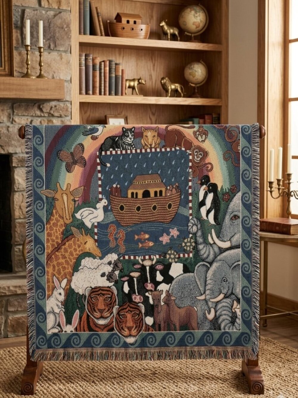 Vintage Throw Blanket American Weavers Noah’s Ark Rainbow Tapestry Fringe